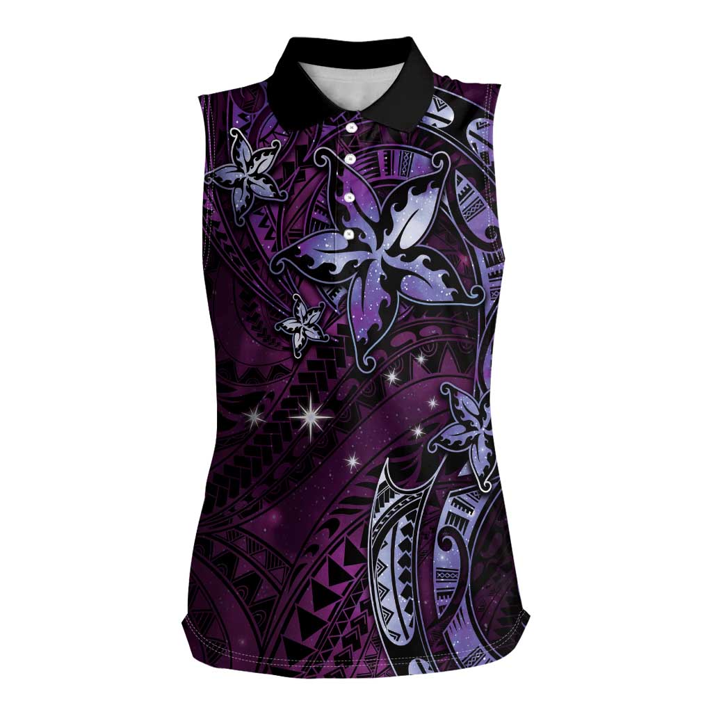 Hawaii Makahiki Season Women Sleeveless Polo Shirt Floral Tribal Tattoo Purple Galaxy