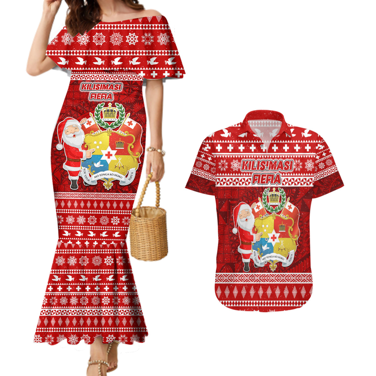 Personalized Tonga Christmas Couples Matching Mermaid Dress and Hawaiian Shirt Kilisimasi Fiefia Santas Coat Of Arms LT05 Red - Polynesian Pride