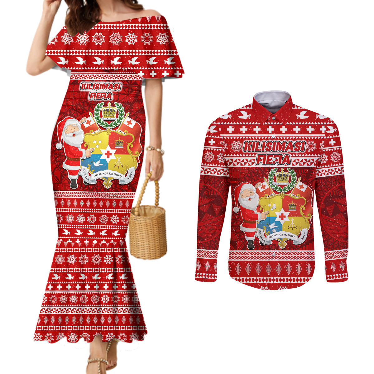 Personalized Tonga Christmas Couples Matching Mermaid Dress and Long Sleeve Button Shirts Kilisimasi Fiefia Santas Coat Of Arms LT05 Red - Polynesian Pride