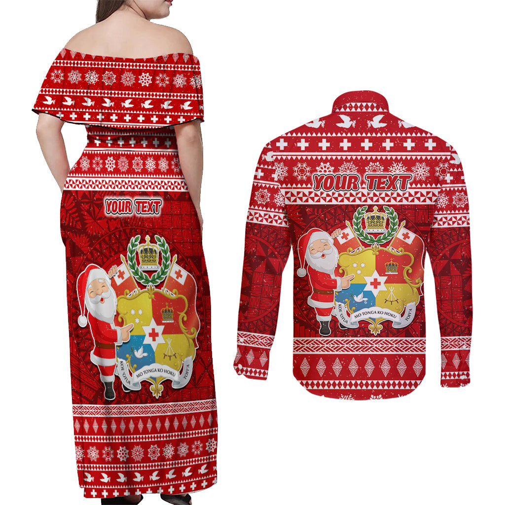 Personalized Tonga Christmas Couples Matching Off Shoulder Maxi Dress and Long Sleeve Button Shirts Kilisimasi Fiefia Santas Coat Of Arms LT05 - Polynesian Pride