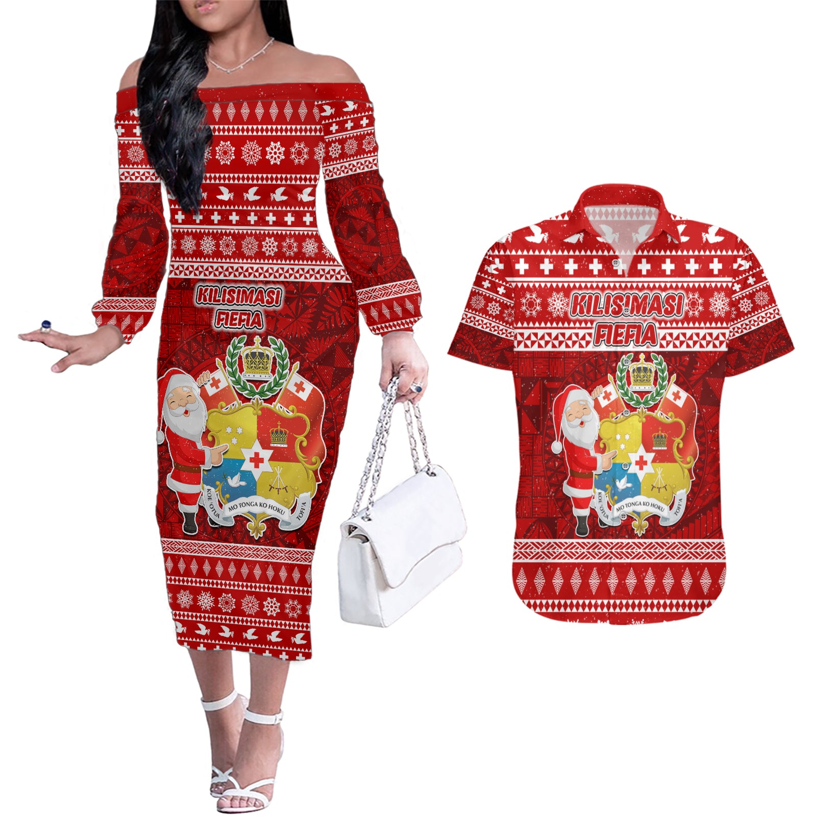 Personalized Tonga Christmas Couples Matching Off The Shoulder Long Sleeve Dress and Hawaiian Shirt Kilisimasi Fiefia Santas Coat Of Arms LT05 Red - Polynesian Pride