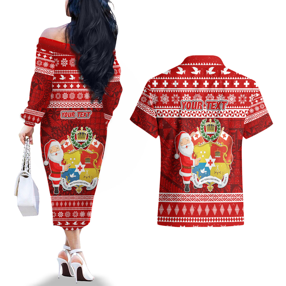Personalized Tonga Christmas Couples Matching Off The Shoulder Long Sleeve Dress and Hawaiian Shirt Kilisimasi Fiefia Santas Coat Of Arms LT05 - Polynesian Pride