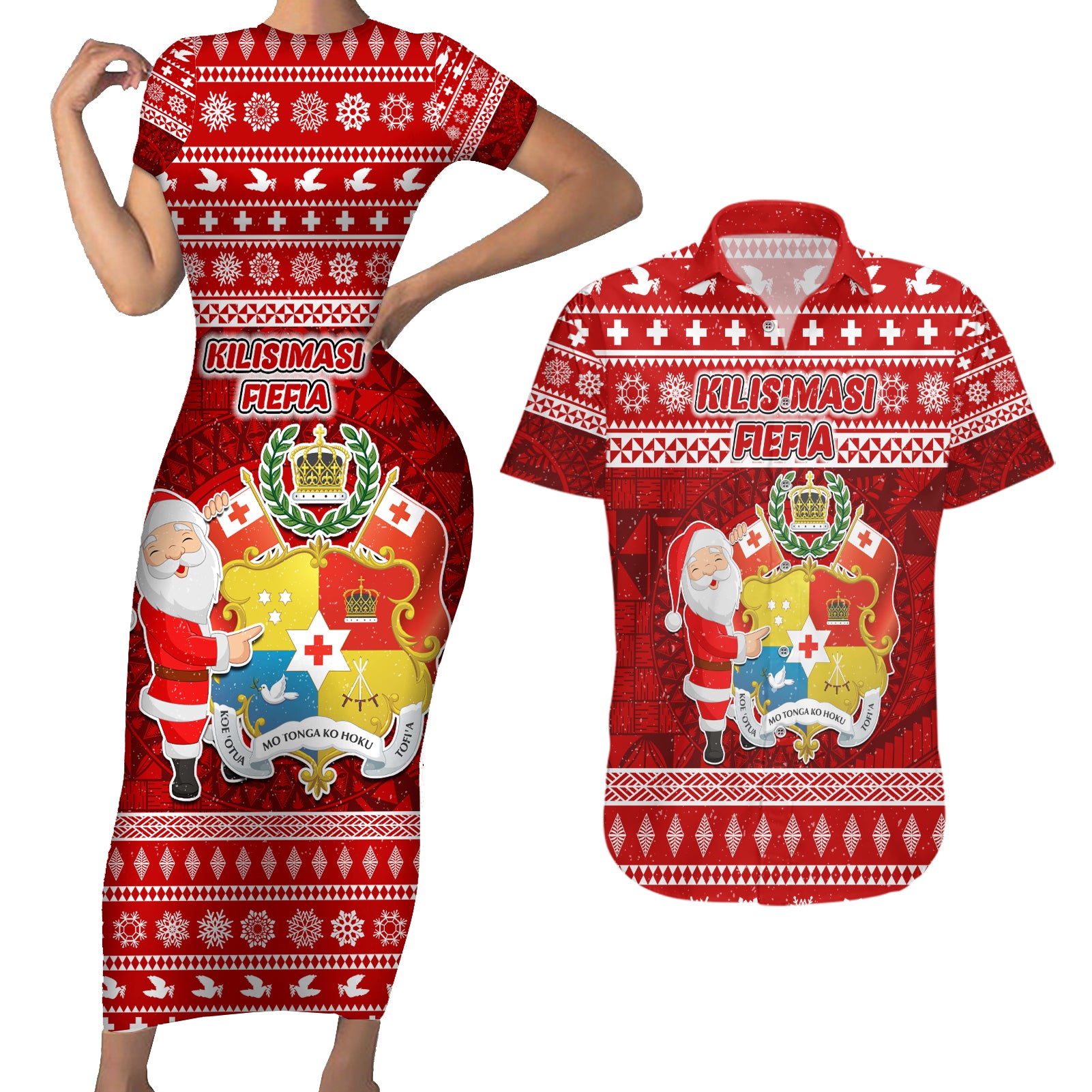 Personalized Tonga Christmas Couples Matching Short Sleeve Bodycon Dress and Hawaiian Shirt Kilisimasi Fiefia Santas Coat Of Arms LT05 Red - Polynesian Pride