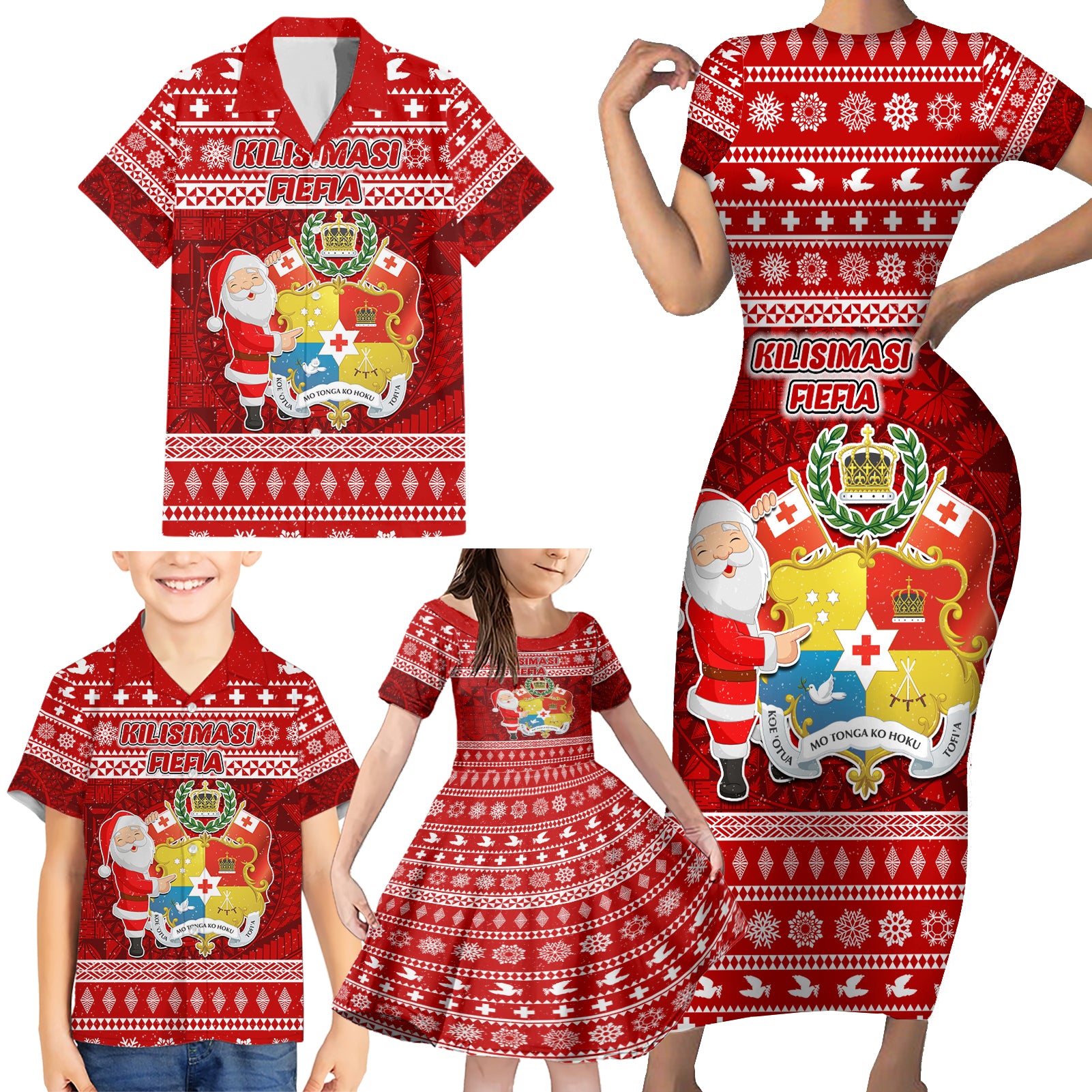 Personalized Tonga Christmas Family Matching Short Sleeve Bodycon Dress and Hawaiian Shirt Kilisimasi Fiefia Santas Coat Of Arms LT05 - Polynesian Pride