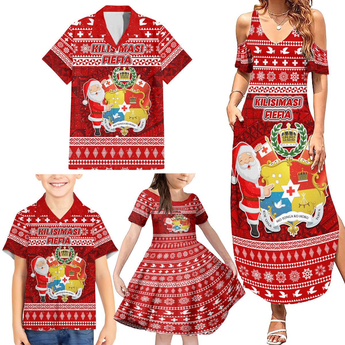 Personalized Tonga Christmas Family Matching Summer Maxi Dress and Hawaiian Shirt Kilisimasi Fiefia Santas Coat Of Arms LT05 - Polynesian Pride