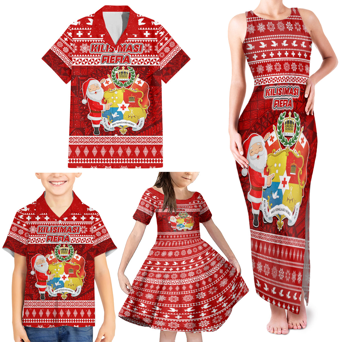 Personalized Tonga Christmas Family Matching Tank Maxi Dress and Hawaiian Shirt Kilisimasi Fiefia Santas Coat Of Arms LT05 - Polynesian Pride