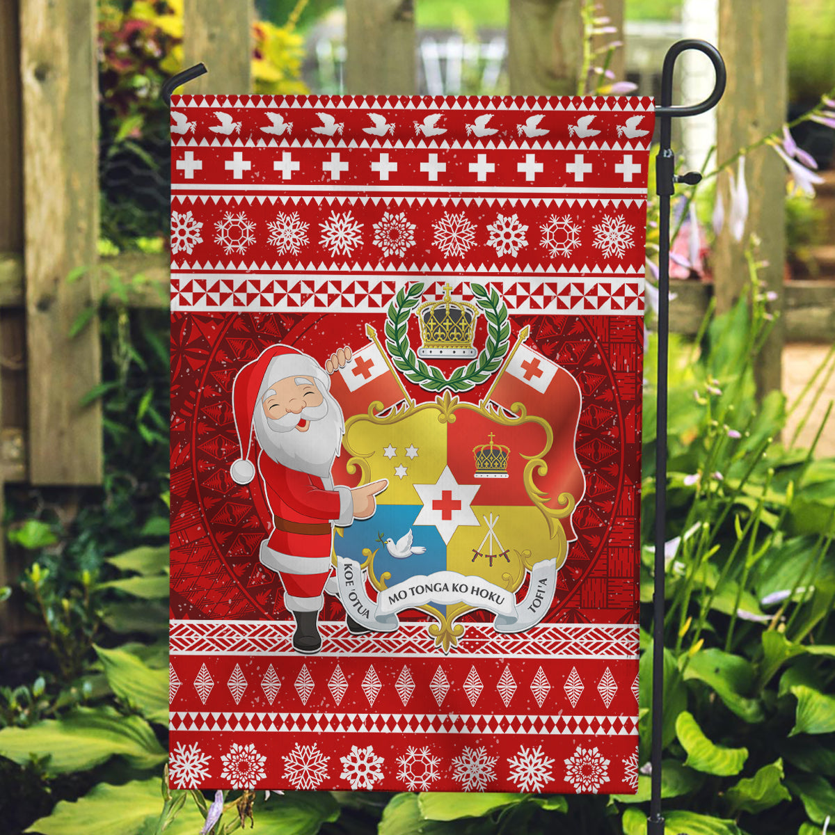 Tonga Christmas Garden Flag Kilisimasi Fiefia Santas Coat Of Arms LT05 Garden Flag Red - Polynesian Pride