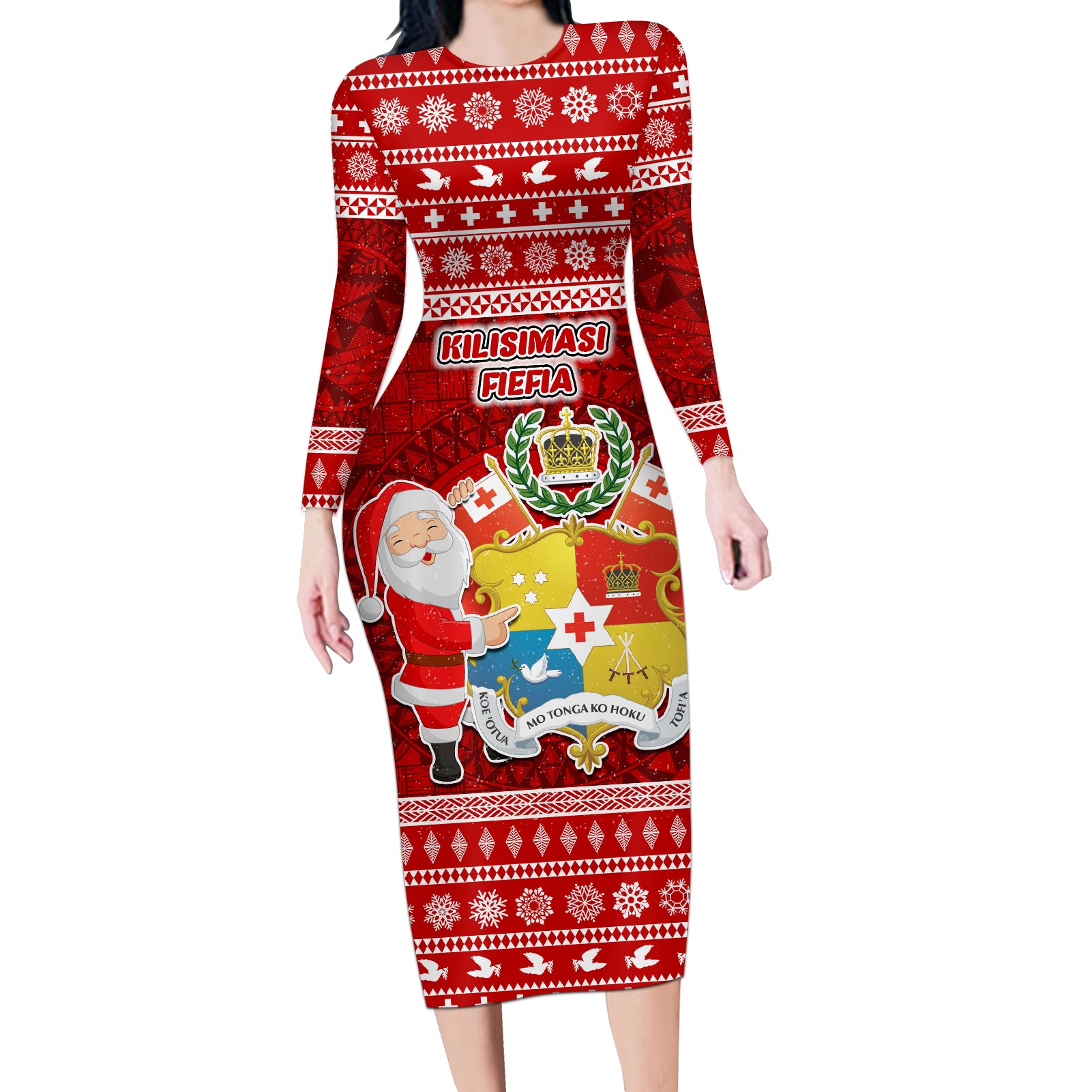 Personalized Tonga Christmas Long Sleeve Bodycon Dress Kilisimasi Fiefia Santas Coat Of Arms LT05 Long Dress Red - Polynesian Pride