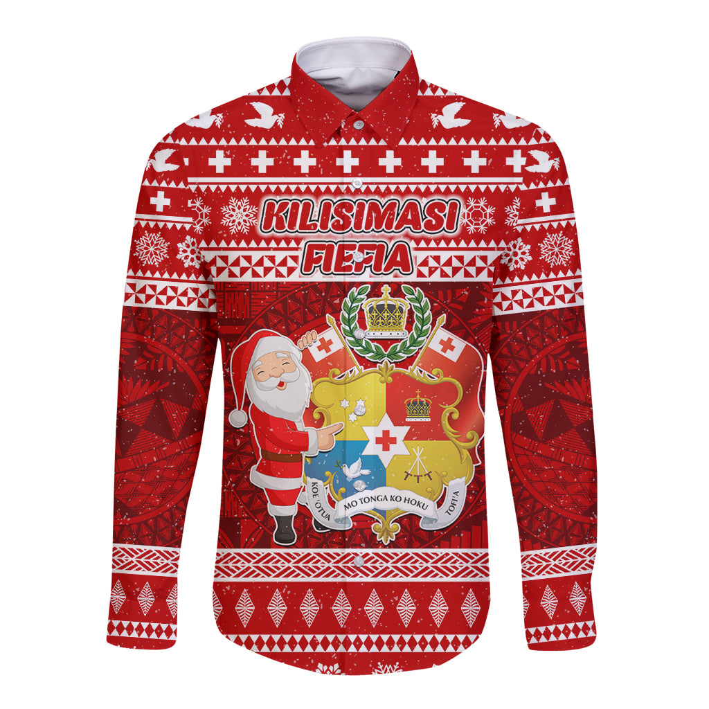 Personalized Tonga Christmas Long Sleeve Button Shirt Kilisimasi Fiefia Santas Coat Of Arms LT05 Unisex Red - Polynesian Pride