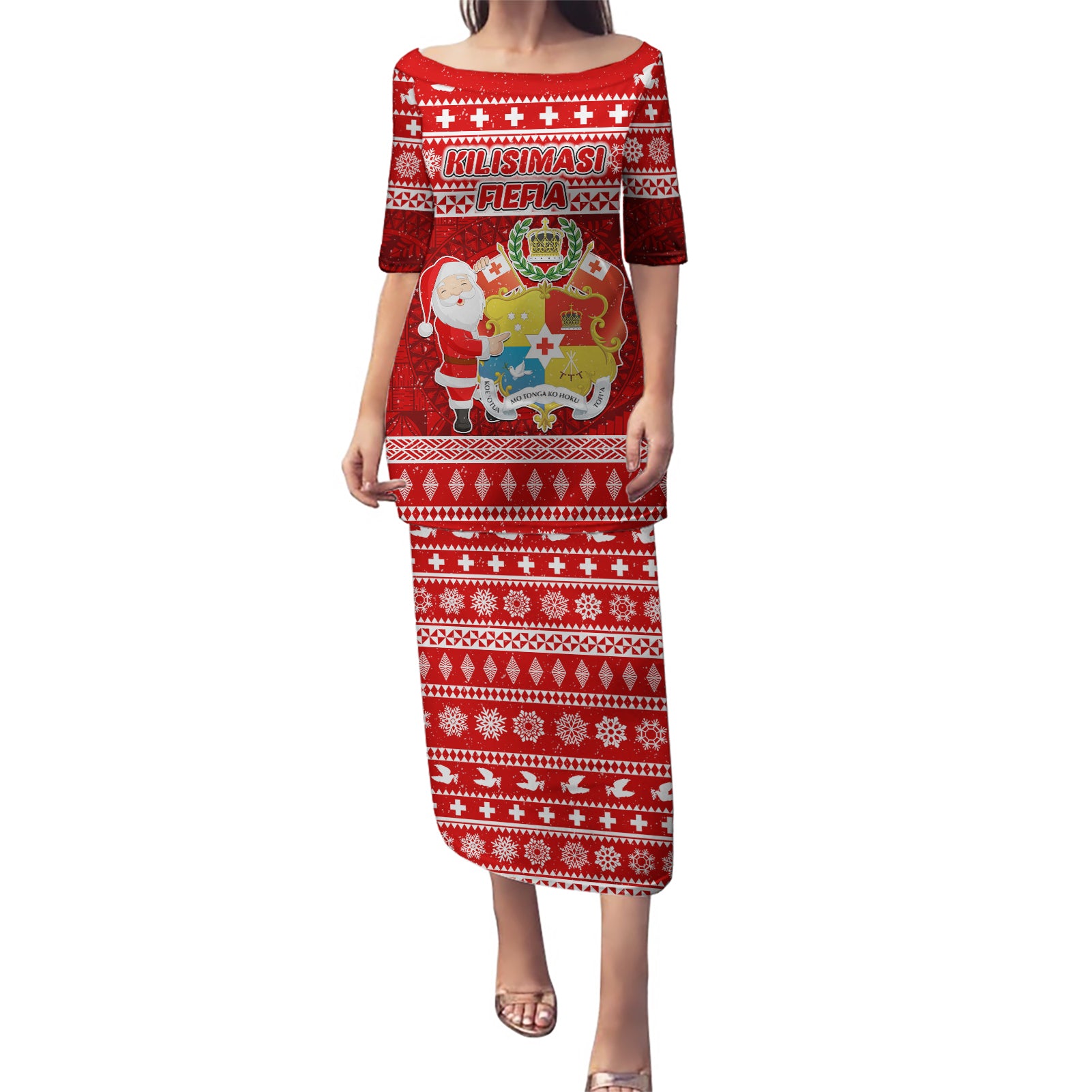 Personalized Tonga Christmas Puletasi Kilisimasi Fiefia Santas Coat Of Arms LT05 Long Dress Red - Polynesian Pride