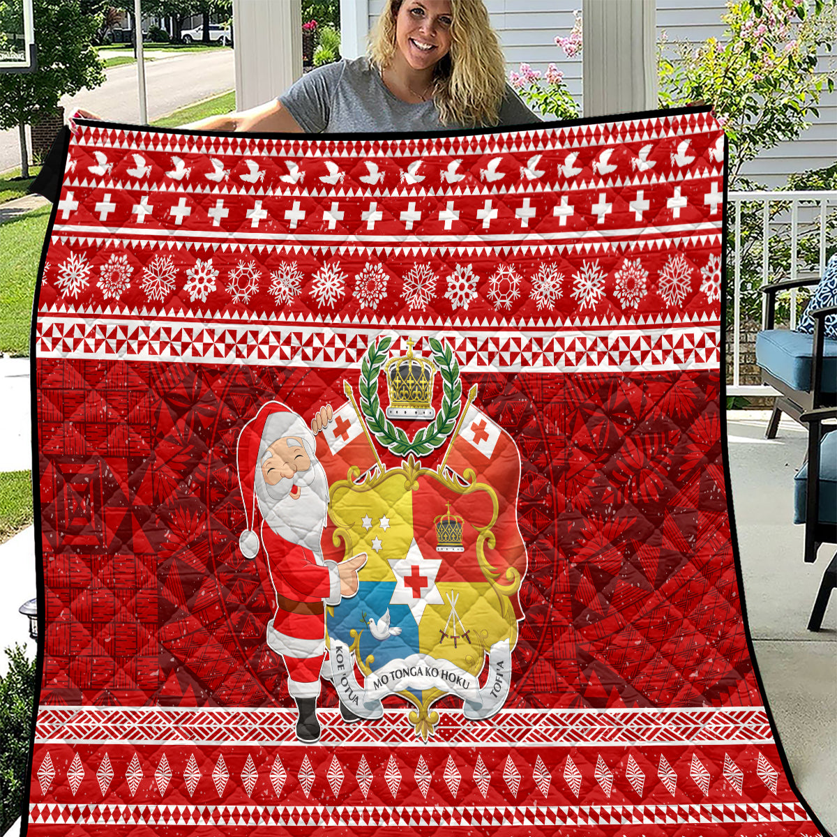 Tonga Christmas Quilt Kilisimasi Fiefia Santas Coat Of Arms LT05 Red - Polynesian Pride