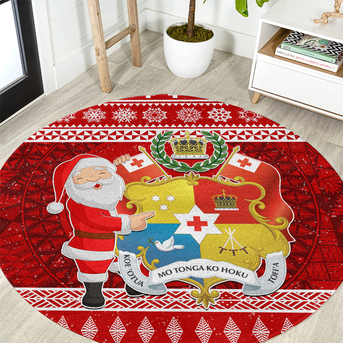 Tonga Christmas Round Carpet Kilisimasi Fiefia Santas Coat Of Arms LT05 Red - Polynesian Pride