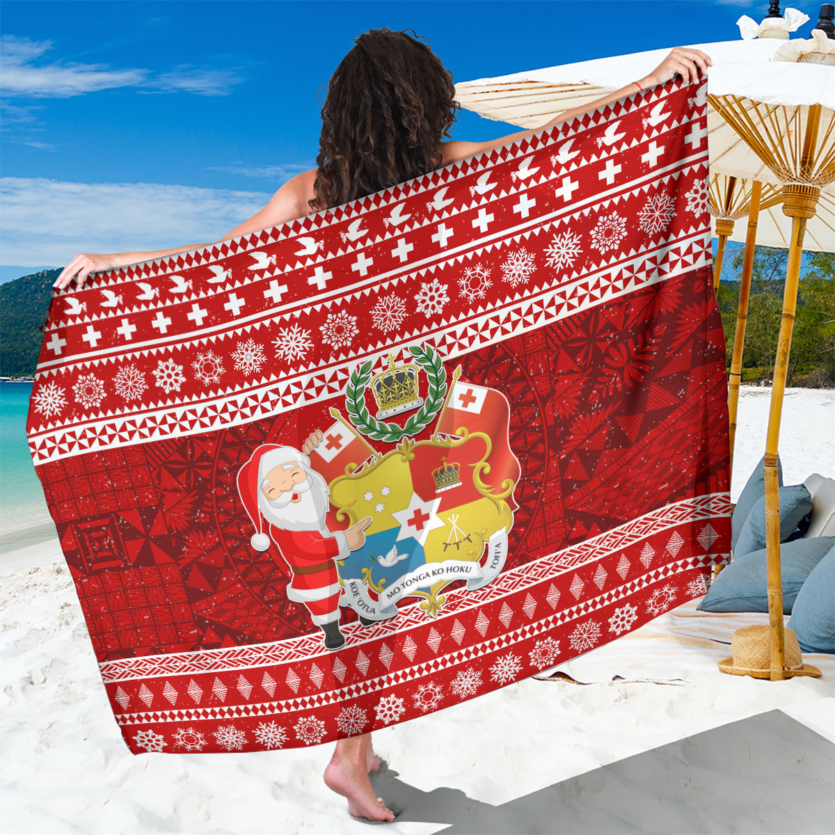 Tonga Christmas Sarong Kilisimasi Fiefia Santas Coat Of Arms LT05 One Size 44 x 66 inches Red - Polynesian Pride