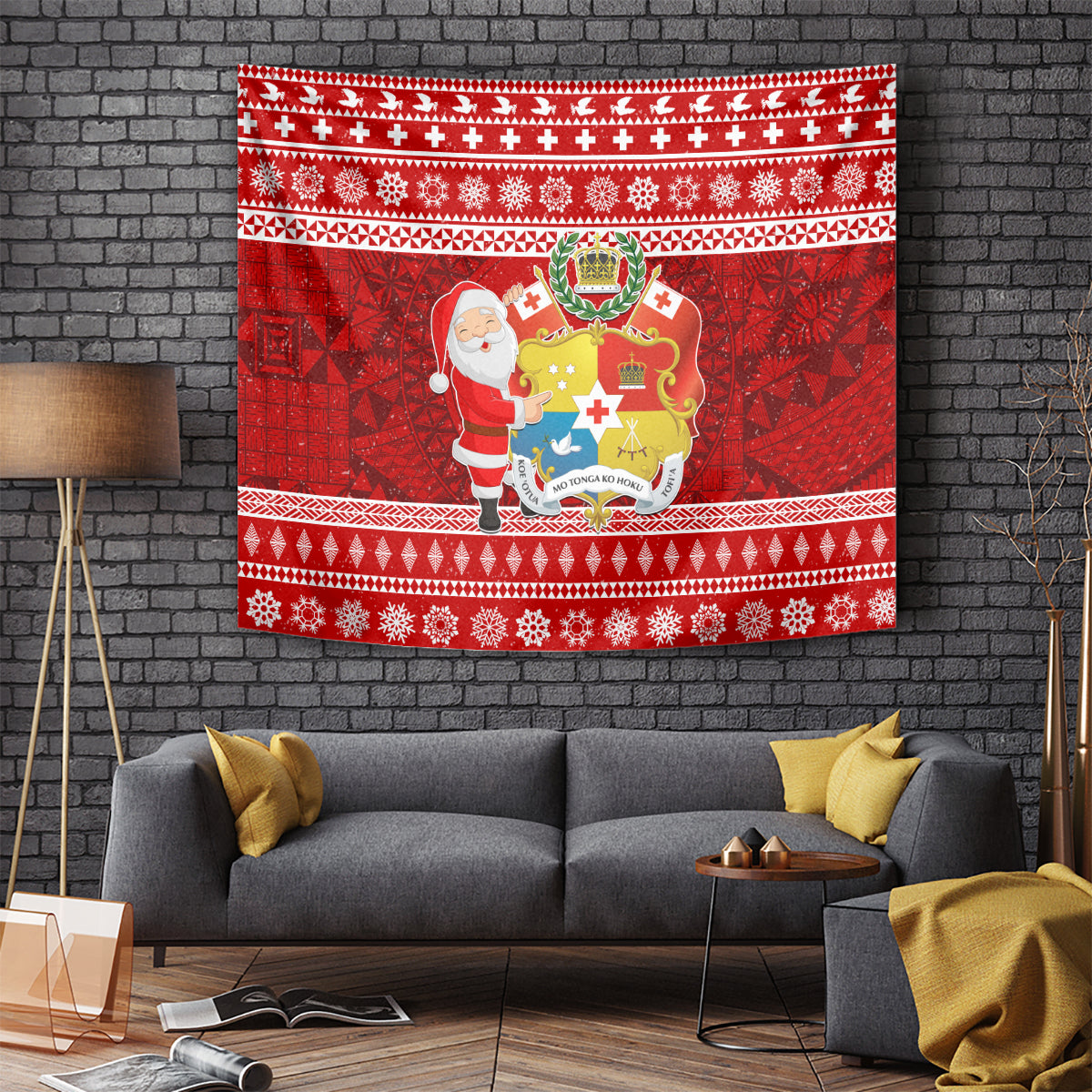 Tonga Christmas Tapestry Kilisimasi Fiefia Santas Coat Of Arms LT05 Red - Polynesian Pride