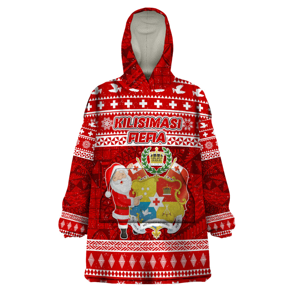 Personalized Tonga Christmas Wearable Blanket Hoodie Kilisimasi Fiefia Santas Coat Of Arms LT05 One Size Red - Polynesian Pride