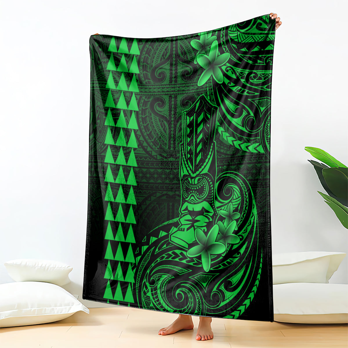 Hawaii Hauoli Makahiki Hou Blanket Lono Hawaiian God Kakau Polynesian Tribal Green LT05 Green - Polynesian Pride