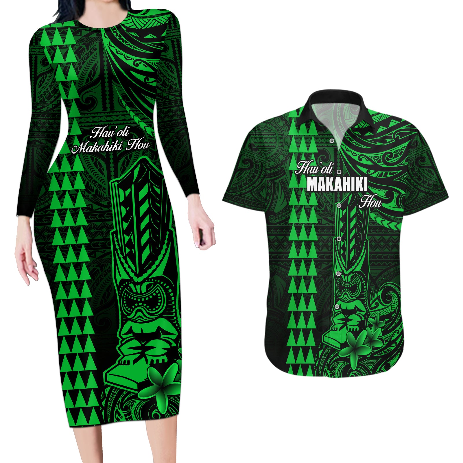 Personalized Hawaii Hauoli Makahiki Hou Couples Matching Long Sleeve Bodycon Dress and Hawaiian Shirt Lono Hawaiian God Kakau Polynesian Tribal Green LT05 Green - Polynesian Pride