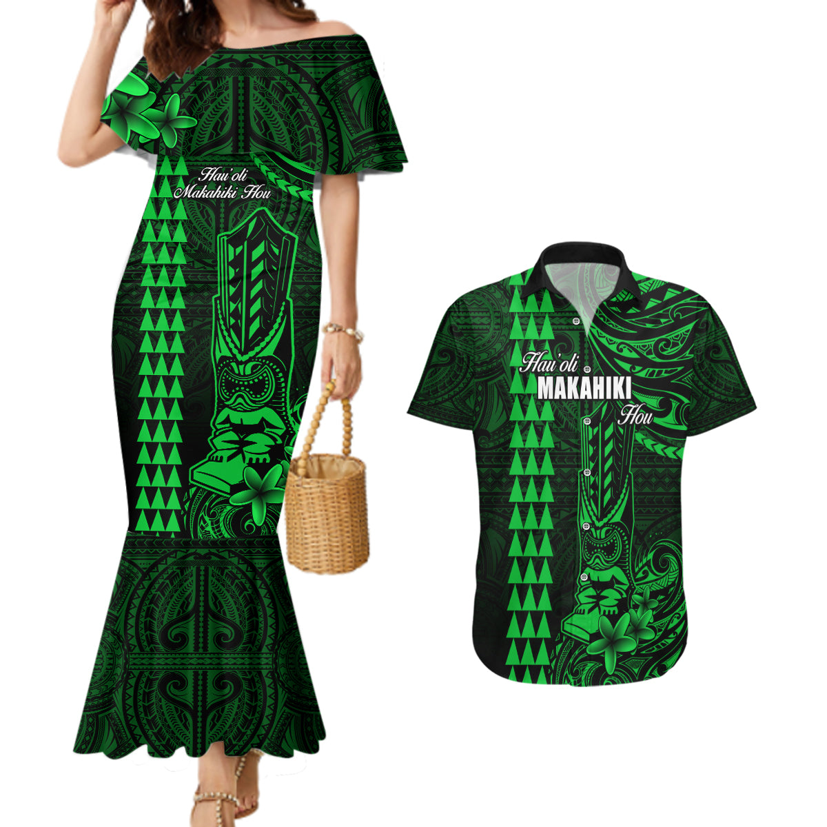 Personalized Hawaii Hauoli Makahiki Hou Couples Matching Mermaid Dress and Hawaiian Shirt Lono Hawaiian God Kakau Polynesian Tribal Green LT05 Green - Polynesian Pride