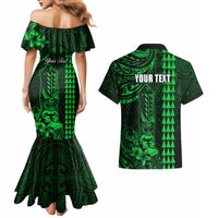Personalized Hawaii Hauoli Makahiki Hou Couples Matching Mermaid Dress and Hawaiian Shirt Lono Hawaiian God Kakau Polynesian Tribal Green LT05 - Polynesian Pride