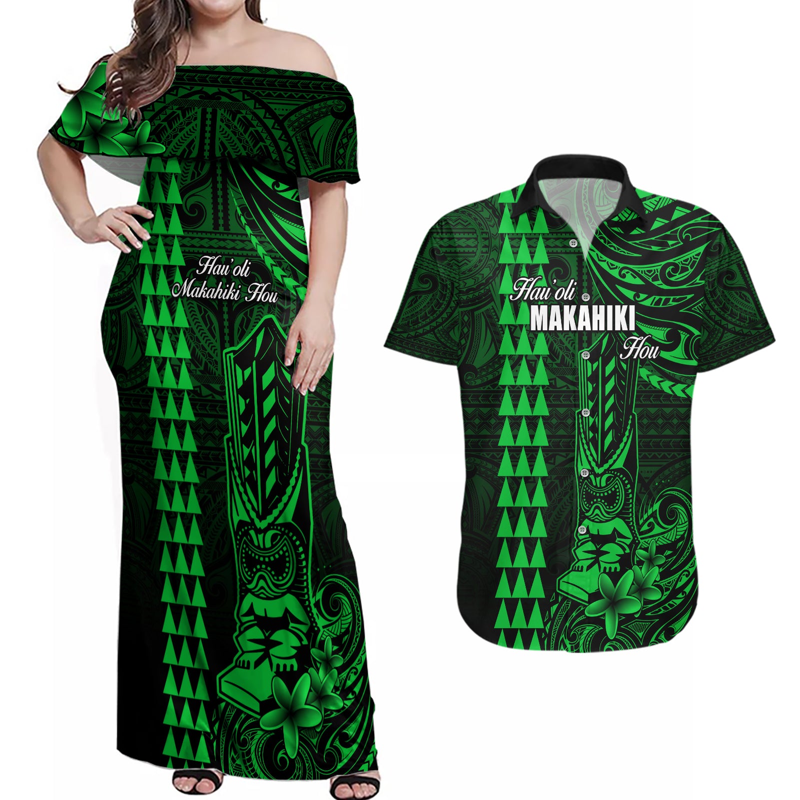 Personalized Hawaii Hauoli Makahiki Hou Couples Matching Off Shoulder Maxi Dress and Hawaiian Shirt Lono Hawaiian God Kakau Polynesian Tribal Green LT05 Green - Polynesian Pride