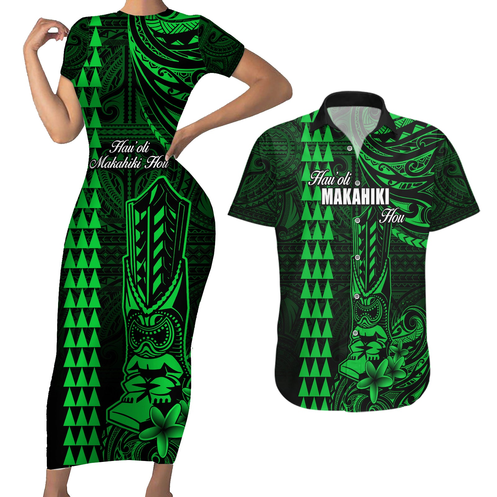 Personalized Hawaii Hauoli Makahiki Hou Couples Matching Short Sleeve Bodycon Dress and Hawaiian Shirt Lono Hawaiian God Kakau Polynesian Tribal Green LT05 Green - Polynesian Pride