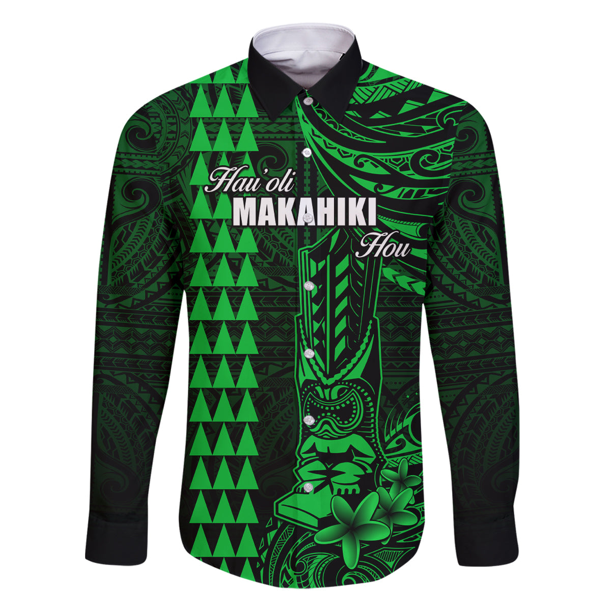Personalized Hawaii Hauoli Makahiki Hou Family Matching Mermaid Dress and Hawaiian Shirt Lono Hawaiian God Kakau Polynesian Tribal Green LT05 Dad's Shirt - Long Sleeve Green - Polynesian Pride