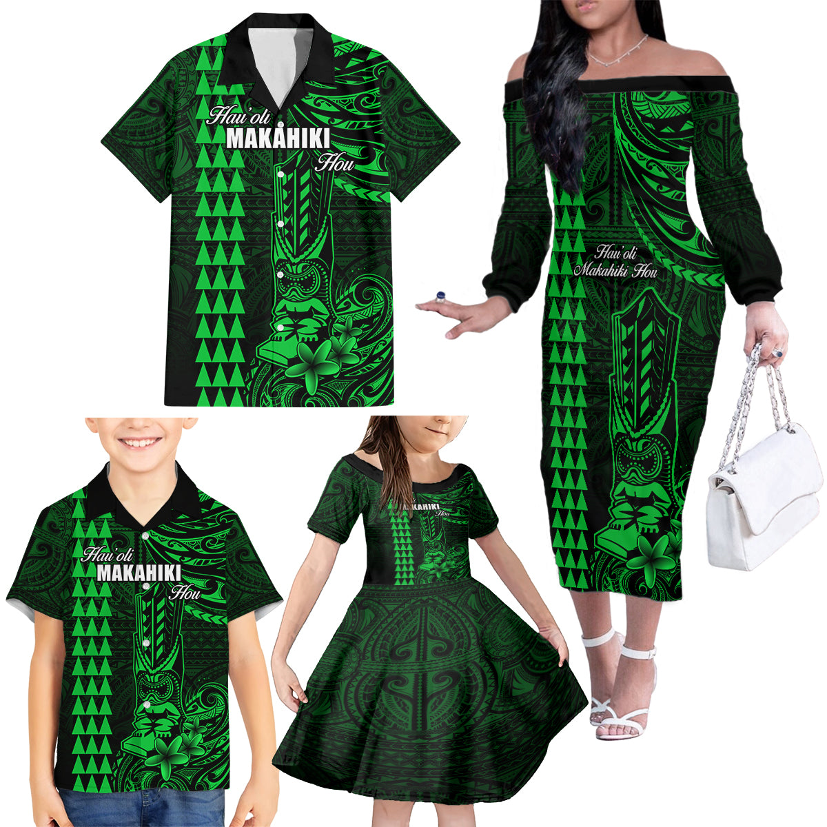 Personalized Hawaii Hauoli Makahiki Hou Family Matching Off Shoulder Long Sleeve Dress and Hawaiian Shirt Lono Hawaiian God Kakau Polynesian Tribal Green LT05 - Polynesian Pride