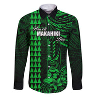 Personalized Hawaii Hauoli Makahiki Hou Family Matching Off Shoulder Long Sleeve Dress and Hawaiian Shirt Lono Hawaiian God Kakau Polynesian Tribal Green LT05 Dad's Shirt - Long Sleeve Green - Polynesian Pride