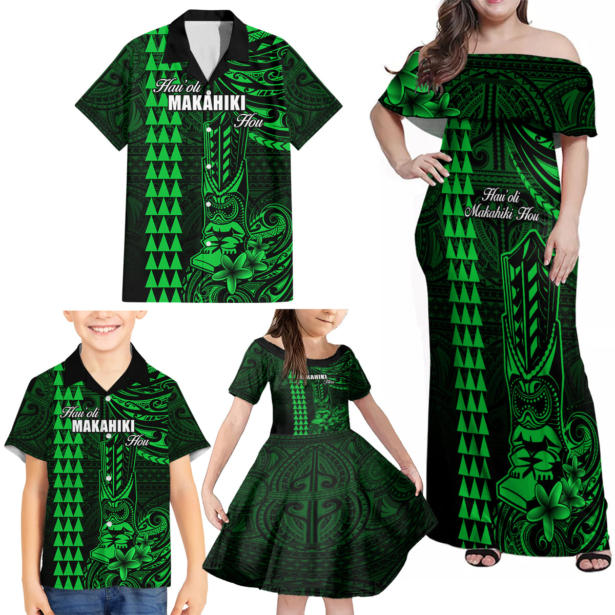 Personalized Hawaii Hauoli Makahiki Hou Family Matching Off Shoulder Maxi Dress and Hawaiian Shirt Lono Hawaiian God Kakau Polynesian Tribal Green LT05 - Polynesian Pride