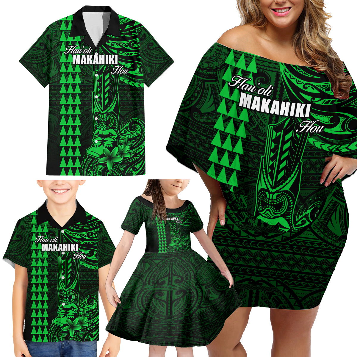 Personalized Hawaii Hauoli Makahiki Hou Family Matching Off Shoulder Short Dress and Hawaiian Shirt Lono Hawaiian God Kakau Polynesian Tribal Green LT05 - Polynesian Pride