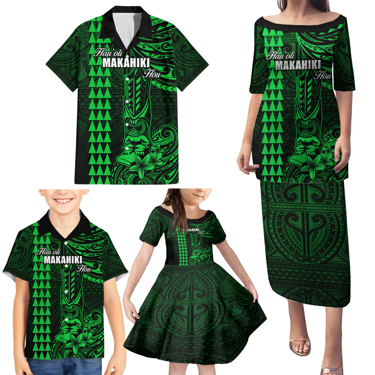 Personalized Hawaii Hauoli Makahiki Hou Family Matching Puletasi Dress and Hawaiian Shirt Lono Hawaiian God Kakau Polynesian Tribal Green LT05 - Polynesian Pride