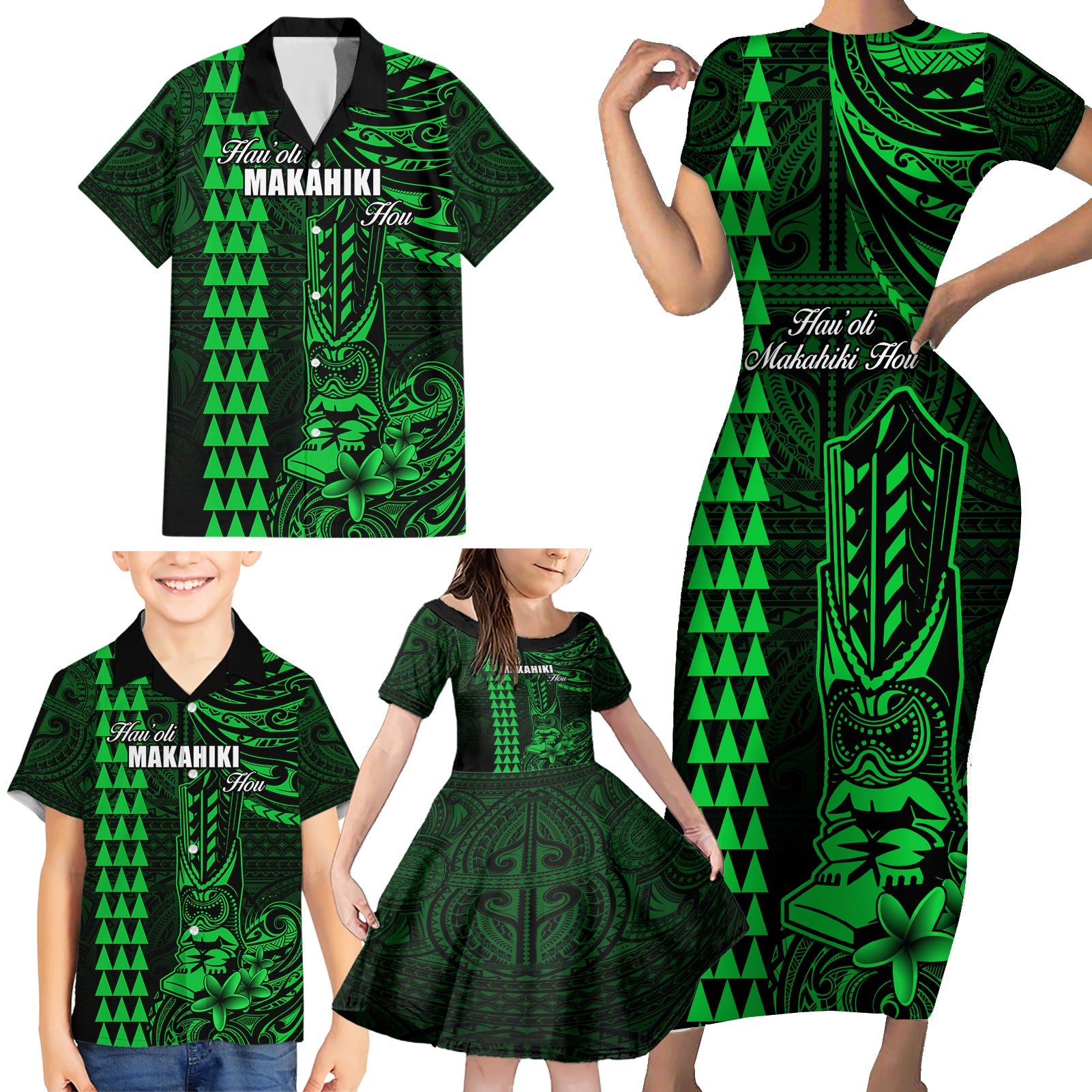 Personalized Hawaii Hauoli Makahiki Hou Family Matching Short Sleeve Bodycon Dress and Hawaiian Shirt Lono Hawaiian God Kakau Polynesian Tribal Green LT05 - Polynesian Pride