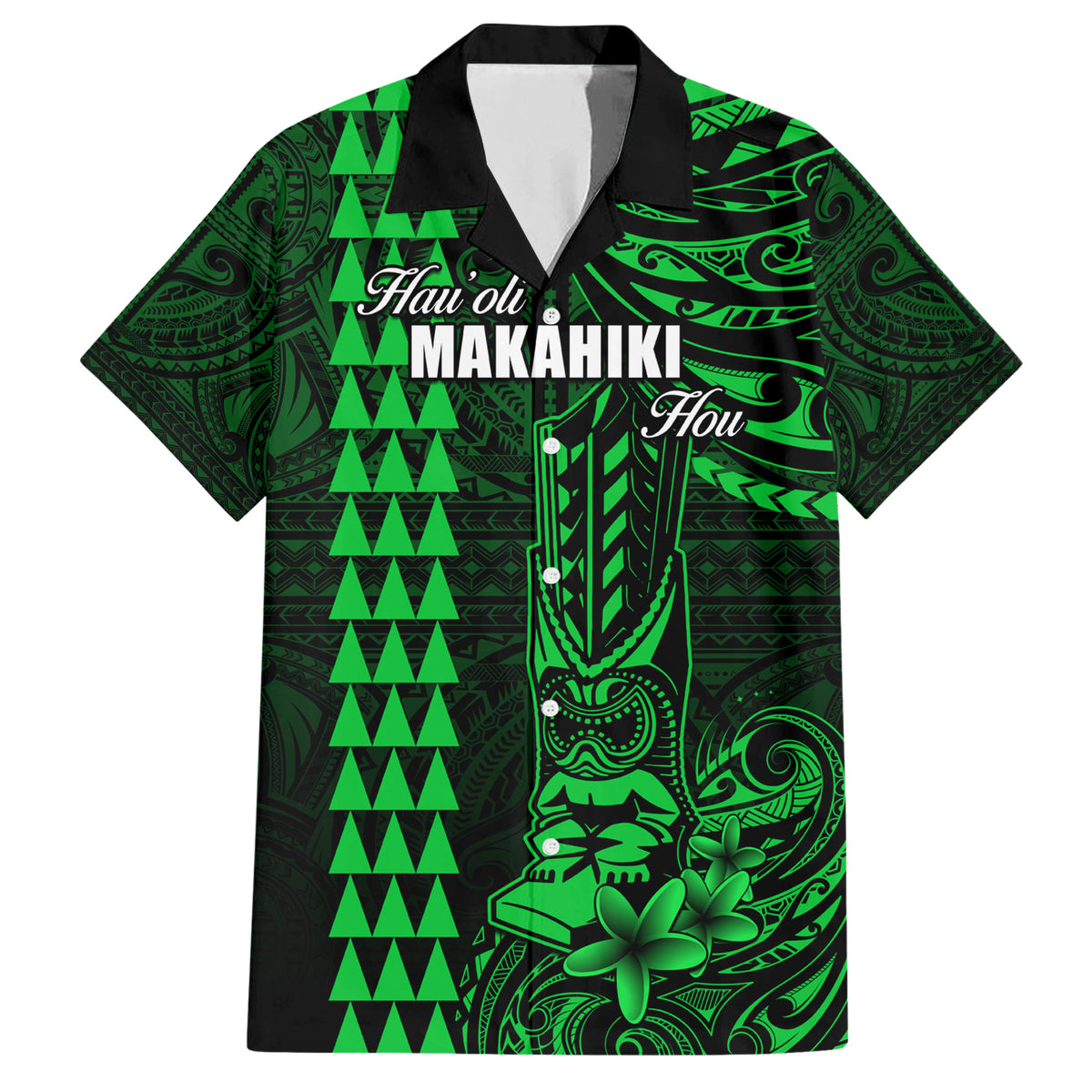 Personalized Hawaii Hauoli Makahiki Hou Family Matching Short Sleeve Bodycon Dress and Hawaiian Shirt Lono Hawaiian God Kakau Polynesian Tribal Green LT05 Dad's Shirt - Short Sleeve Green - Polynesian Pride