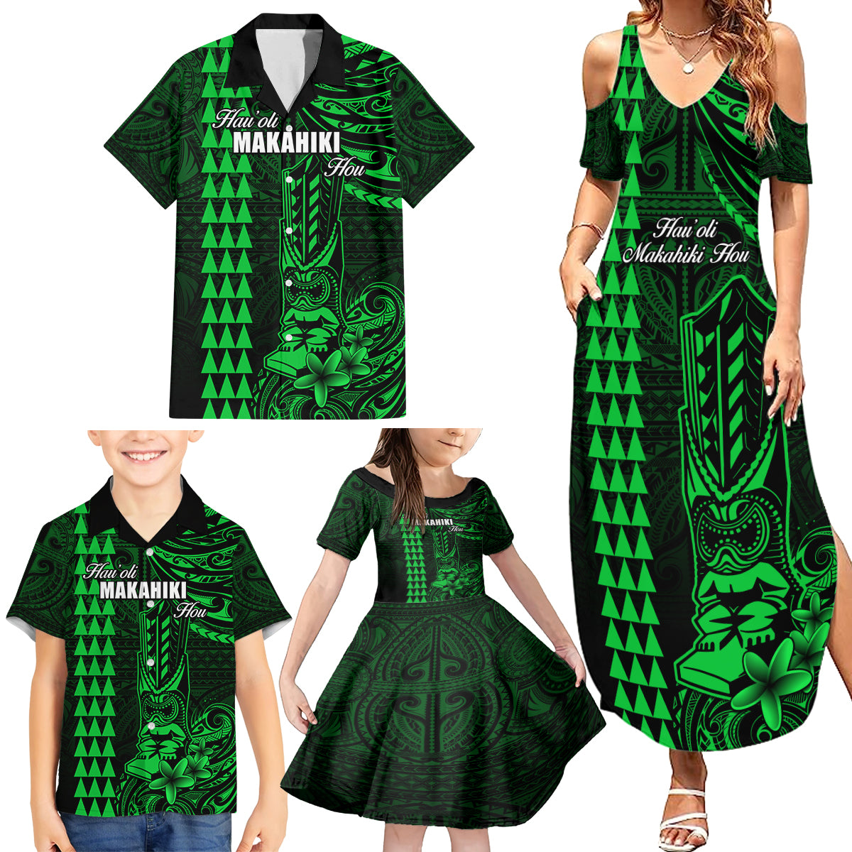 Personalized Hawaii Hauoli Makahiki Hou Family Matching Summer Maxi Dress and Hawaiian Shirt Lono Hawaiian God Kakau Polynesian Tribal Green LT05 - Polynesian Pride