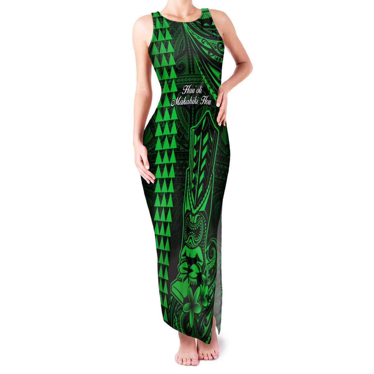 Personalized Hawaii Hauoli Makahiki Hou Family Matching Tank Maxi Dress and Hawaiian Shirt Lono Hawaiian God Kakau Polynesian Tribal Green LT05 Mom's Dress Green - Polynesian Pride