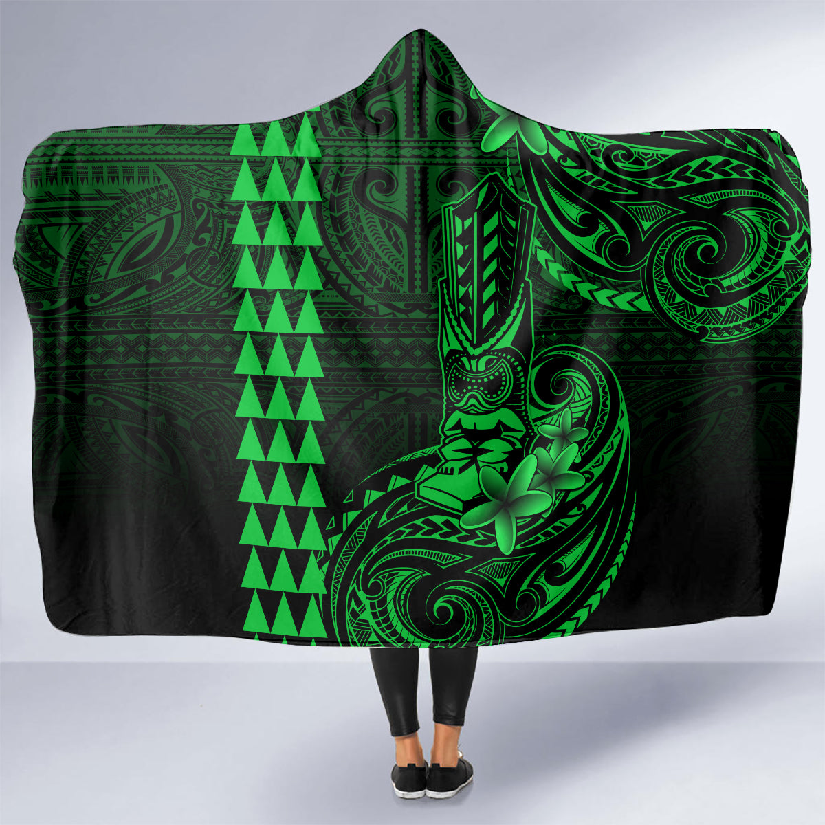 Hawaii Hauoli Makahiki Hou Hooded Blanket Lono Hawaiian God Kakau Polynesian Tribal Green LT05 - Polynesian Pride