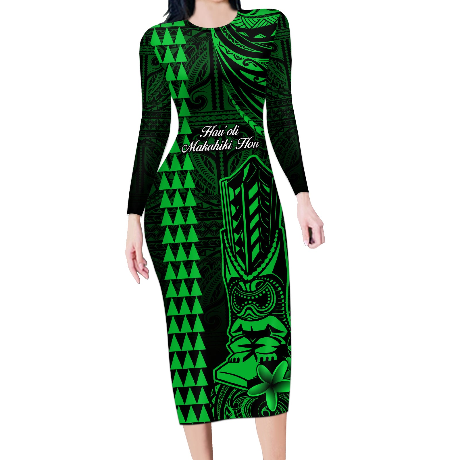 Personalized Hawaii Hauoli Makahiki Hou Long Sleeve Bodycon Dress Lono Hawaiian God Kakau Polynesian Tribal Green LT05 Long Dress Green - Polynesian Pride