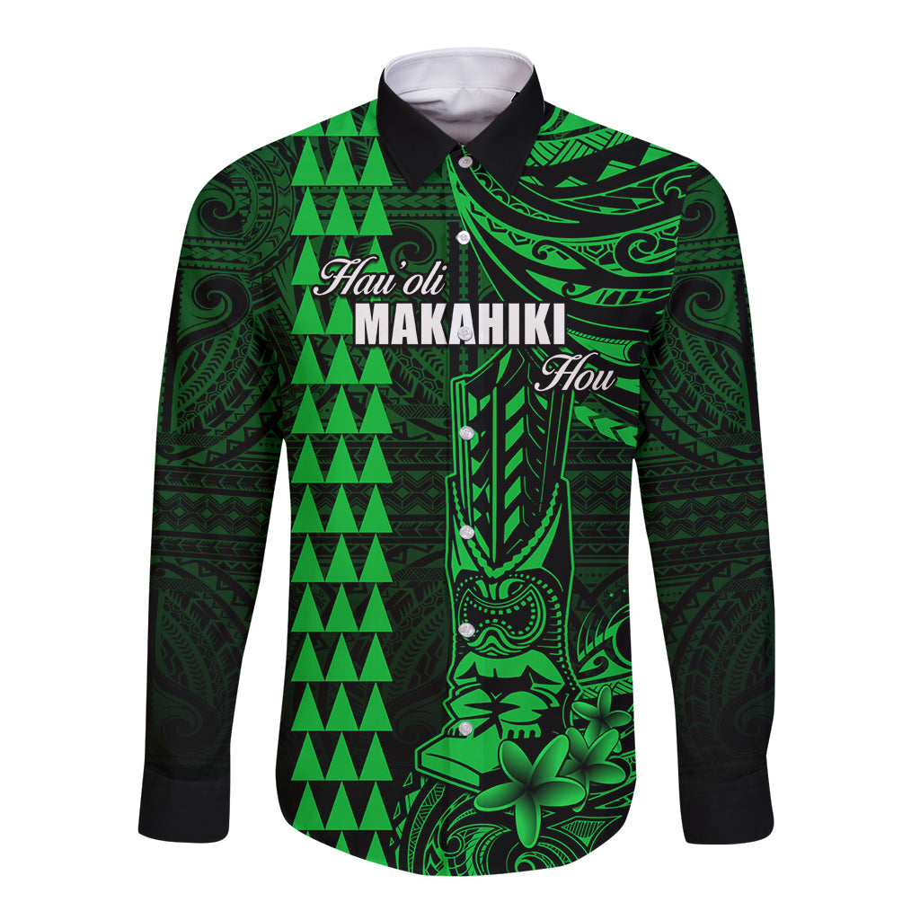 Personalized Hawaii Hauoli Makahiki Hou Long Sleeve Button Shirt Lono Hawaiian God Kakau Polynesian Tribal Green LT05 Unisex Green - Polynesian Pride