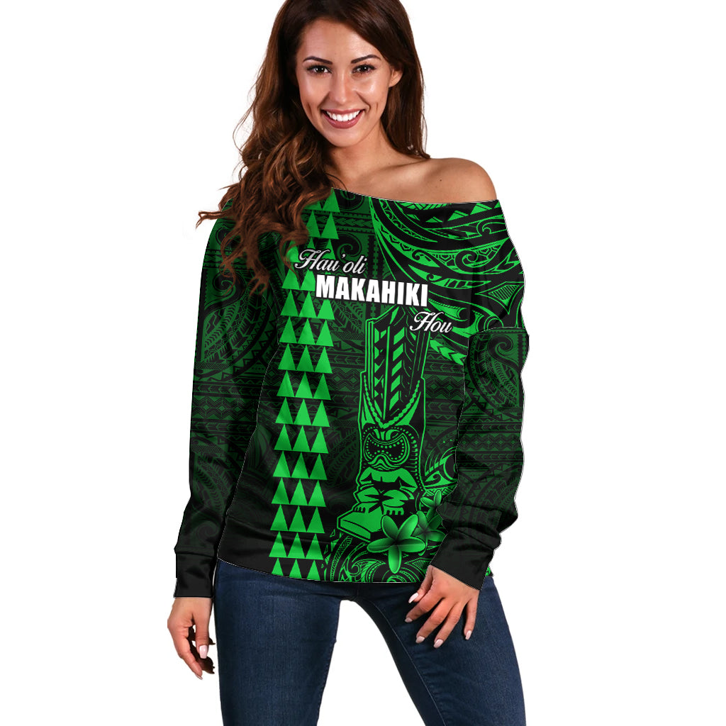 Personalized Hawaii Hauoli Makahiki Hou Off Shoulder Sweater Lono Hawaiian God Kakau Polynesian Tribal Green LT05 Women Green - Polynesian Pride