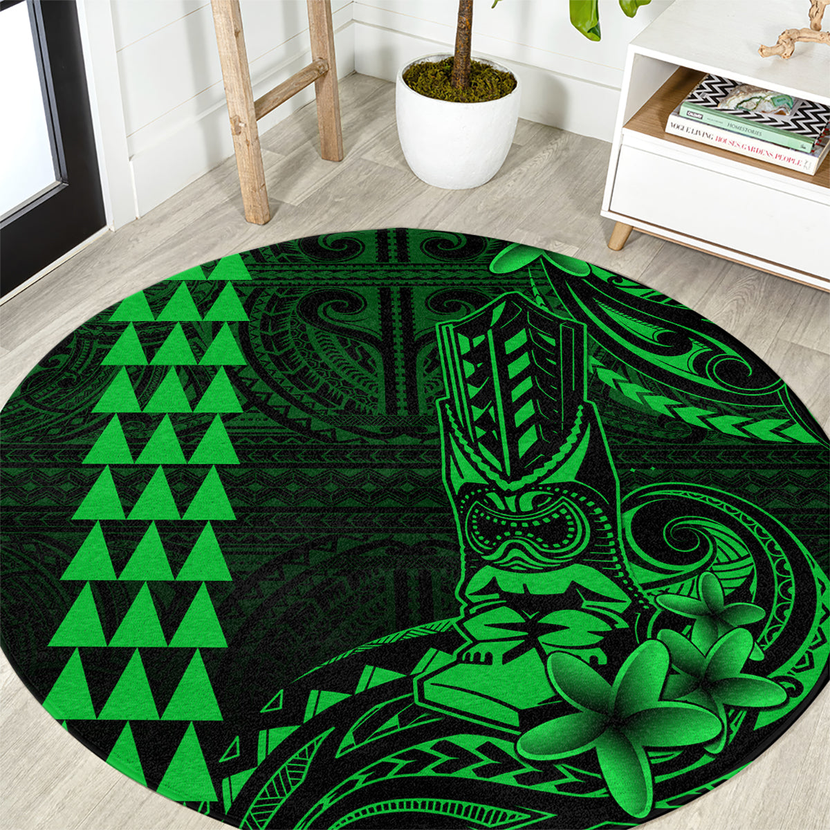 Hawaii Hauoli Makahiki Hou Round Carpet Lono Hawaiian God Kakau Polynesian Tribal Green LT05 Green - Polynesian Pride