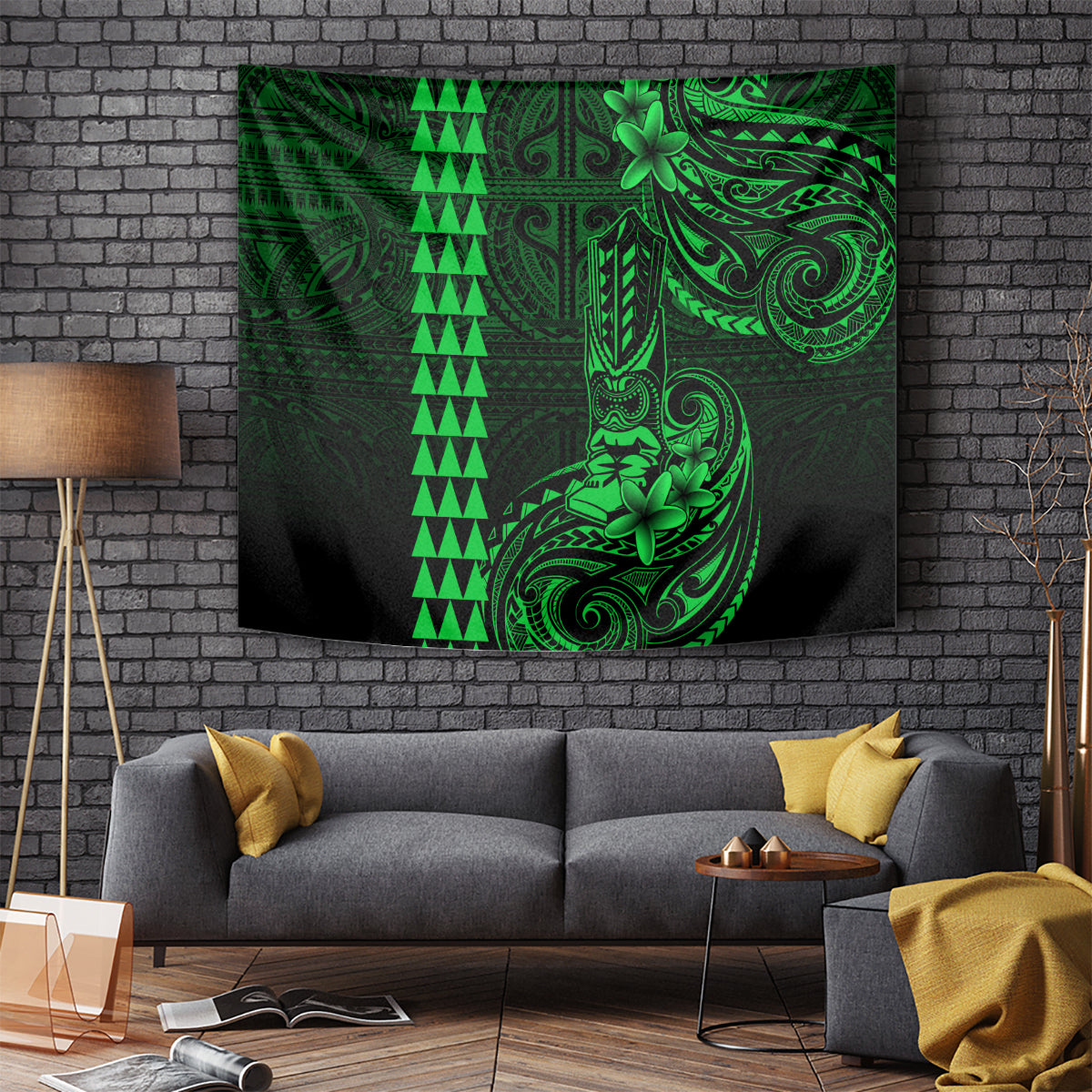 Hawaii Hauoli Makahiki Hou Tapestry Lono Hawaiian God Kakau Polynesian Tribal Green LT05 Green - Polynesian Pride