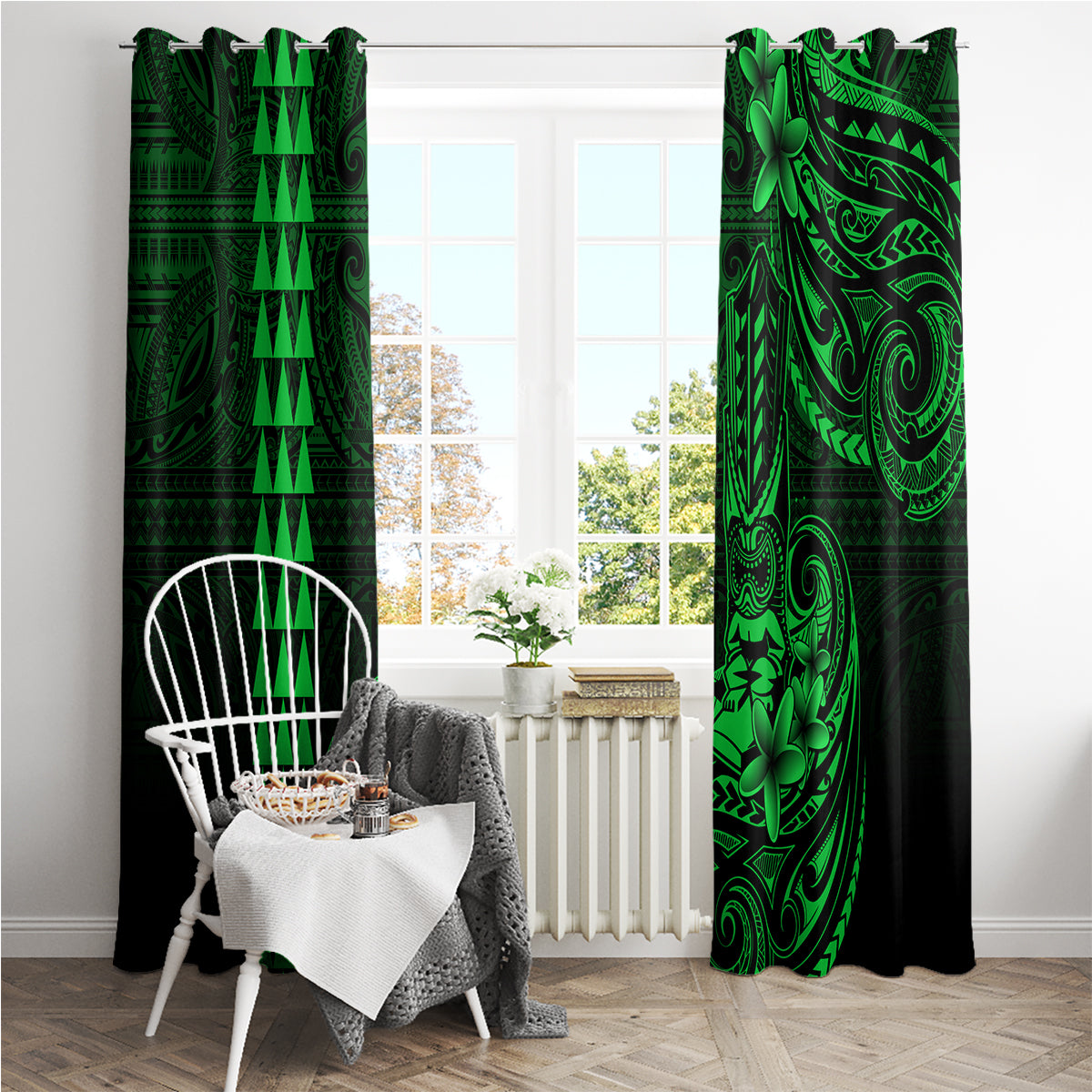 Hawaii Hauoli Makahiki Hou Window Curtain Lono Hawaiian God Kakau Polynesian Tribal Green LT05 - Polynesian Pride