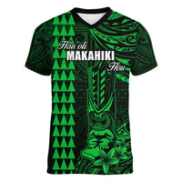 Personalized Hawaii Hauoli Makahiki Hou Women V Neck T Shirt Lono Hawaiian God Kakau Polynesian Tribal Green LT05 Female Green - Polynesian Pride