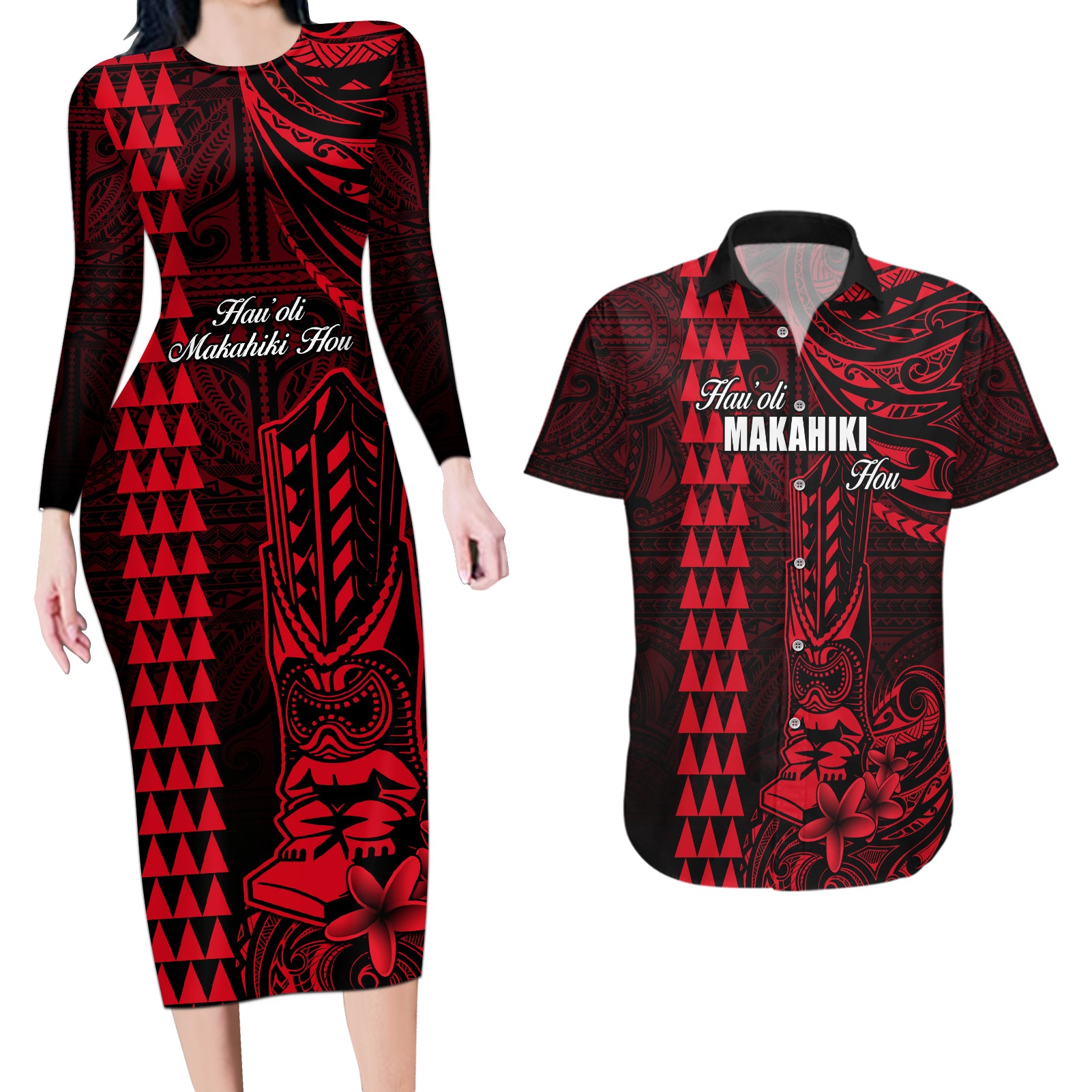 Personalized Hawaii Hauoli Makahiki Hou Couples Matching Long Sleeve Bodycon Dress and Hawaiian Shirt Lono Hawaiian God Kakau Polynesian Tribal Red LT05 Red - Polynesian Pride