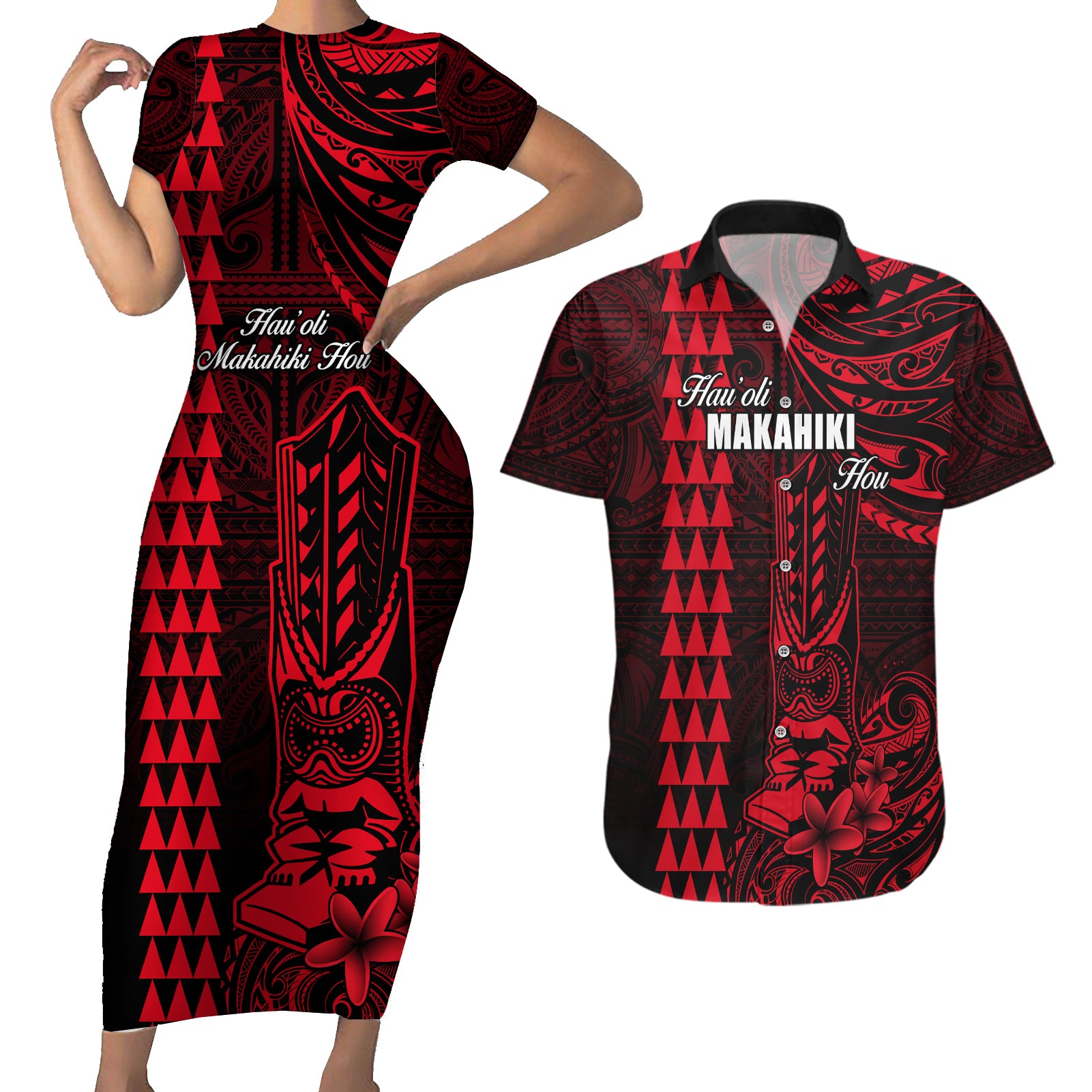 Personalized Hawaii Hauoli Makahiki Hou Couples Matching Short Sleeve Bodycon Dress and Hawaiian Shirt Lono Hawaiian God Kakau Polynesian Tribal Red LT05 Red - Polynesian Pride