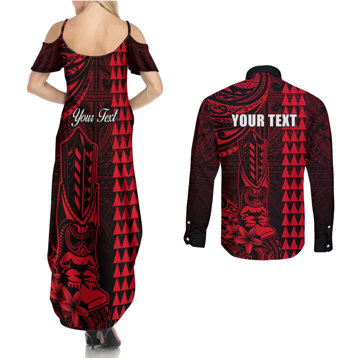 Personalized Hawaii Hauoli Makahiki Hou Couples Matching Summer Maxi Dress and Long Sleeve Button Shirts Lono Hawaiian God Kakau Polynesian Tribal Red LT05 - Polynesian Pride