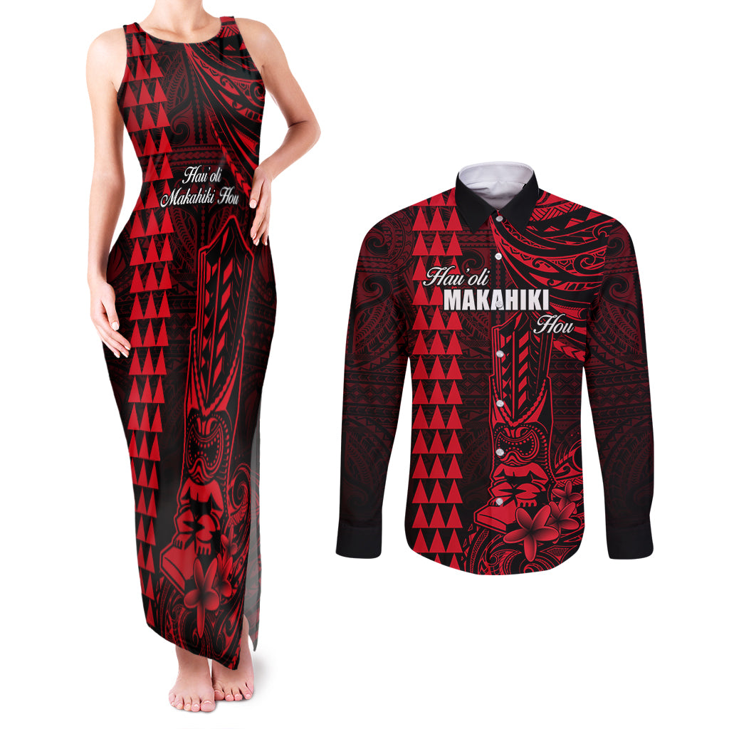 Personalized Hawaii Hauoli Makahiki Hou Couples Matching Tank Maxi Dress and Long Sleeve Button Shirts Lono Hawaiian God Kakau Polynesian Tribal Red LT05 Red - Polynesian Pride