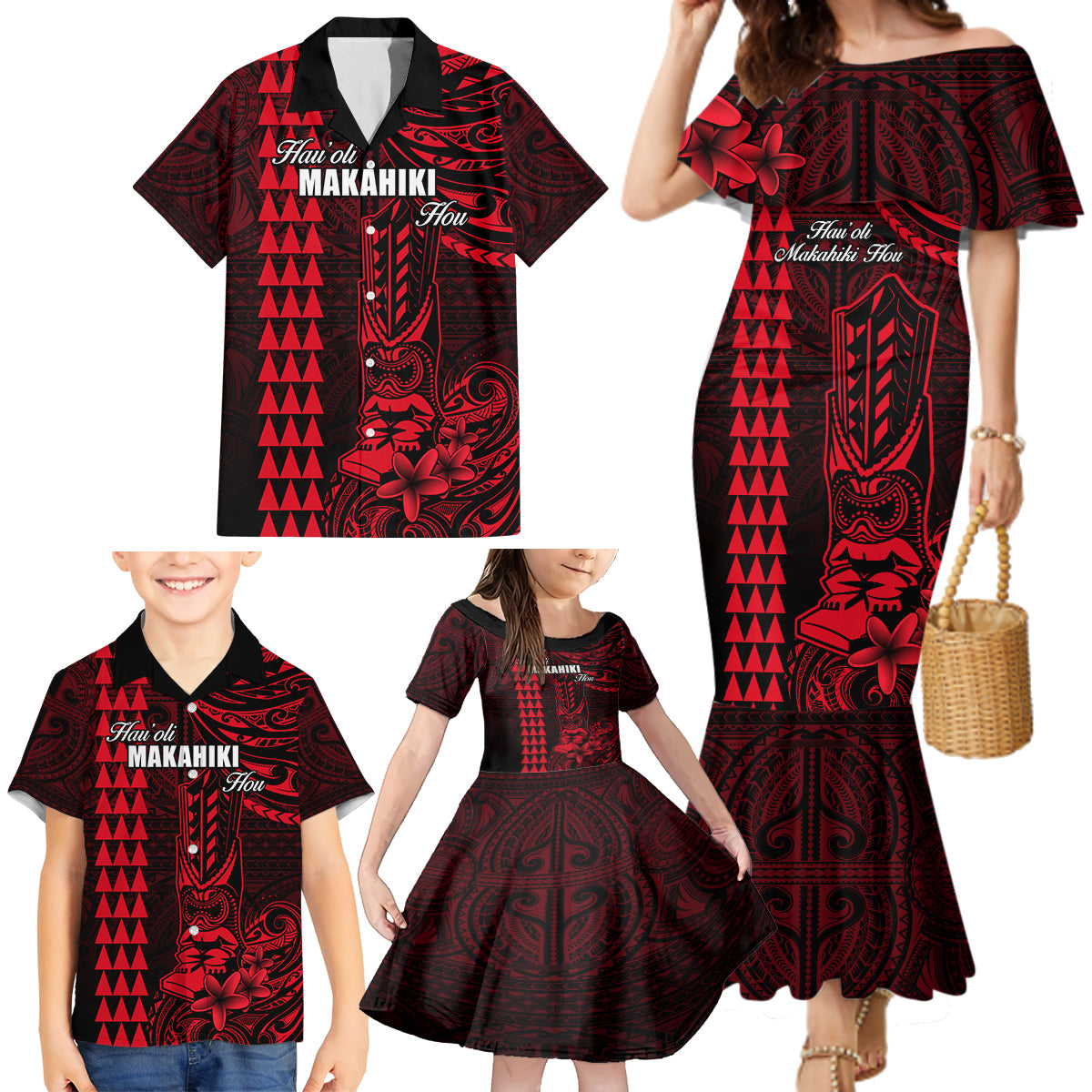 Personalized Hawaii Hauoli Makahiki Hou Family Matching Mermaid Dress and Hawaiian Shirt Lono Hawaiian God Kakau Polynesian Tribal Red LT05 - Polynesian Pride