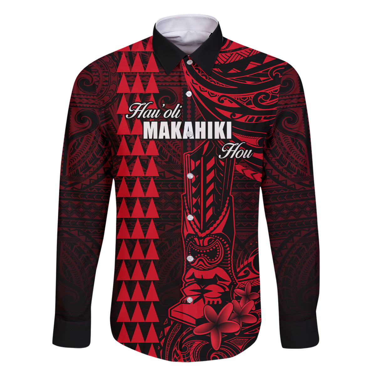 Personalized Hawaii Hauoli Makahiki Hou Family Matching Off Shoulder Maxi Dress and Hawaiian Shirt Lono Hawaiian God Kakau Polynesian Tribal Red LT05 Dad's Shirt - Long Sleeve Red - Polynesian Pride