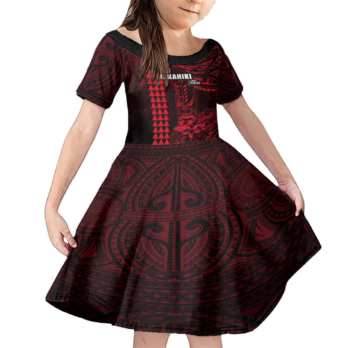 Personalized Hawaii Hauoli Makahiki Hou Kid Short Sleeve Dress Lono Hawaiian God Kakau Polynesian Tribal Red LT05 KID Red - Polynesian Pride
